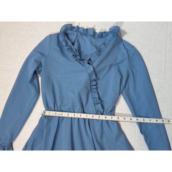 Vintage 70s Blue Retro Secretary Ruffle Dress Small Modest Midi Cottagecore - Picture 9 of 9